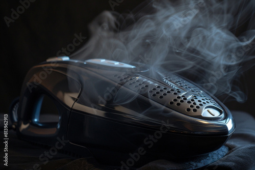A sleek black iron with steam vents, ready to tackle wrinkles on clothes. photo