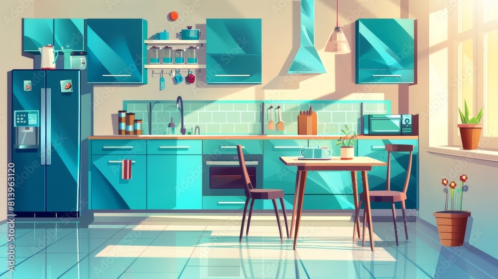 Home kitchen interior design. Modern cartoon illustration of a clean dining room with blue wood and glass furniture, kitchenware on the shelf, a modern fridge and oven, daylight through the window, Home kitchen interior design. Modern cartoon illustration of a clean dining room with blue wood and glass furniture, kitchenware on the shelf, a modern fridge and oven, daylight through the window,