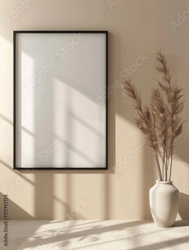 blank poster frame, black poster frame,  frame is vertically hanging on a ligh colored wall, photo