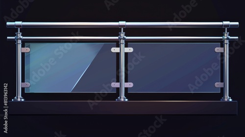 Railing with plexiglass panel and metal tubular beam fasteners for stairway guardrail. Transparent acrylic barrier.