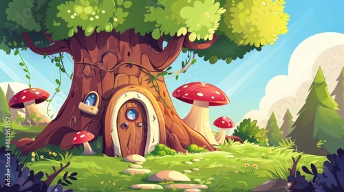 Small magnificent elf or gnome hut with mushrooms  window and door in forest on lawn with green grass. Cartoon modern of fantastic scenery with magic little house.