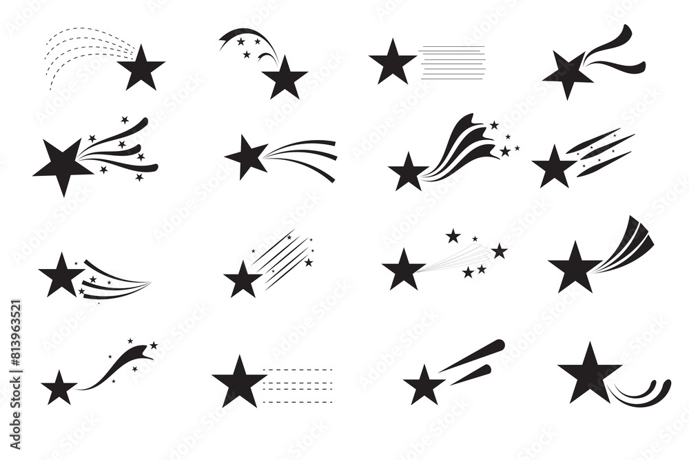 Sparkle star and Shooting star icon set vector. Shooting star icon on white background. Abstract silhouette shooting star. Flying comet with tail and vector illustration. Sparkle star and Shooting star icon set vector. Shooting star icon on white background. Abstract silhouette shooting star. Flying comet with tail and vector illustration.