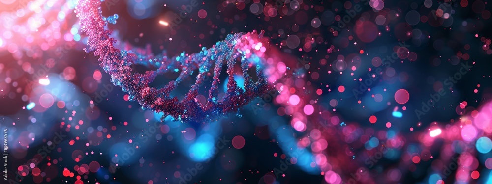 3D render of an abstract futuristic DNA helix with glowing particles ...
