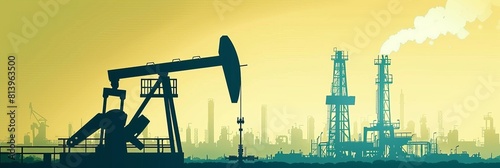 Oil and gas industry. Silhouette of a crude oil pump jack and a refinery in the background.
