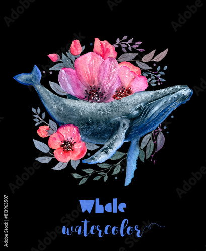 Whale surrounded by pink flowers on black background photo