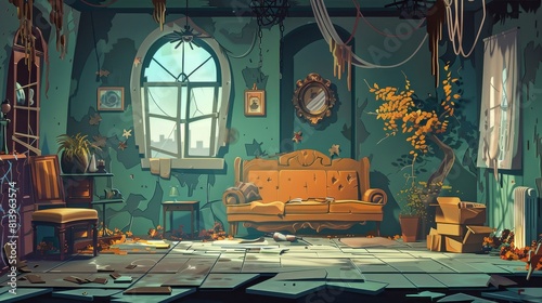 Broken furniture  cobwebs  garbage  and a shattered window in an abandoned and ruined living room. Cartoon modern of dirty damaged hall with destroyed and dirty sofa and table  dried plants  and