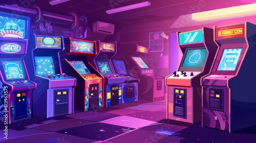 Cartoon illustration of retro computer club with game machines  old arcade cabinets with buttons and controller joysticks  80s vintage pinball equipment  poster hanging on wall.