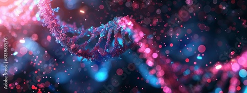 3D render of an abstract futuristic DNA helix with glowing particles and bokeh lights on a dark background in pink and blue colors.