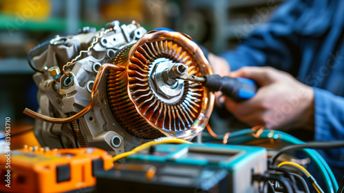 Focused view of an electric motor component being fixed or assembled by a technician in a workshop.