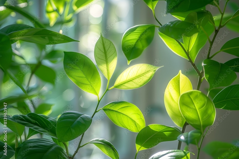 Ficus Tree in a Conservatory: Indoor tree with glossy leaves. Ficus Tree in a Conservatory: Indoor tree with glossy leaves.