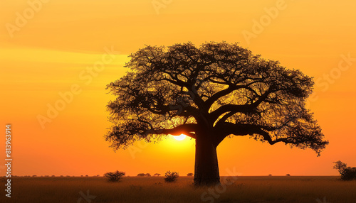 A high-resolution image the unique silhouette of a lone baobab tree in the African savanna, standing tall and isolated against a golden sunset © Yasmeen