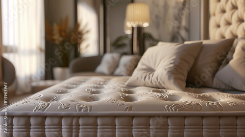 Elegant bedroom close-up showing an intricately designed mattress and plush pillows in soft lighting.