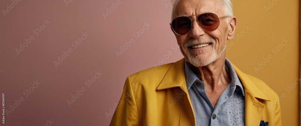 Gray-haired elderly man in stylish club clothes on a yellow background. Gray-haired elderly man in stylish club clothes on a yellow background.