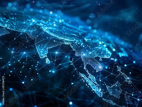 Glowing Digital Map of Asia with Global Network Connections and Abstract Technology Backdrop
