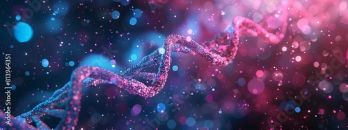 3D render of an abstract futuristic DNA helix with glowing particles and bokeh lights on a dark background in pink and blue colors.