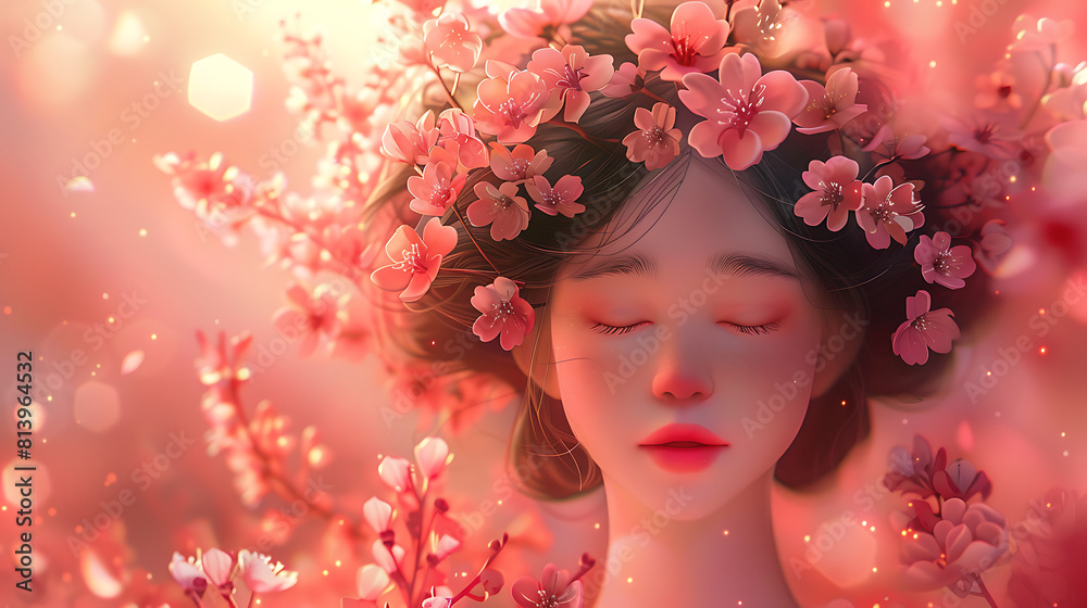 Tranquil Blossom Dreams: A Serene Portrait of a Cartoon Woman with Sakura Flower Hair Tranquil Blossom Dreams: A Serene Portrait of a Cartoon Woman with Sakura Flower Hair