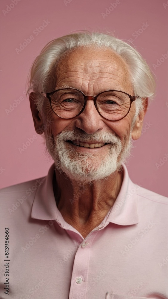 Gray-haired elderly man in stylish club clothes on a pink background. Gray-haired elderly man in stylish club clothes on a pink background.