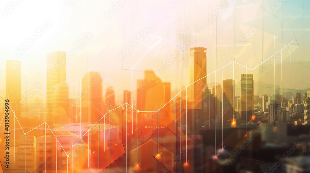 Double exposure of business graph and cityscape background. Financial growth concept.