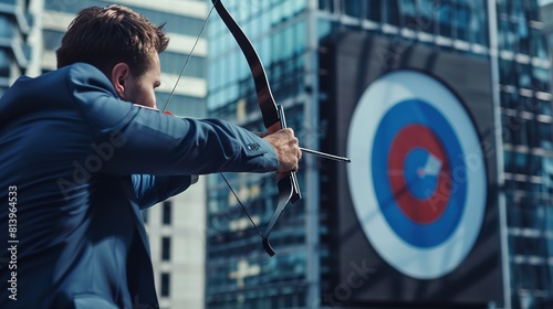 businessperson, taking aim at bullseye target with crossbow to demonstrate their precision photo