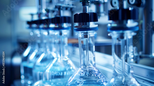 Close-up view of laboratory equipment with Erlenmeyer flasks and precision valves in a scientific setting.