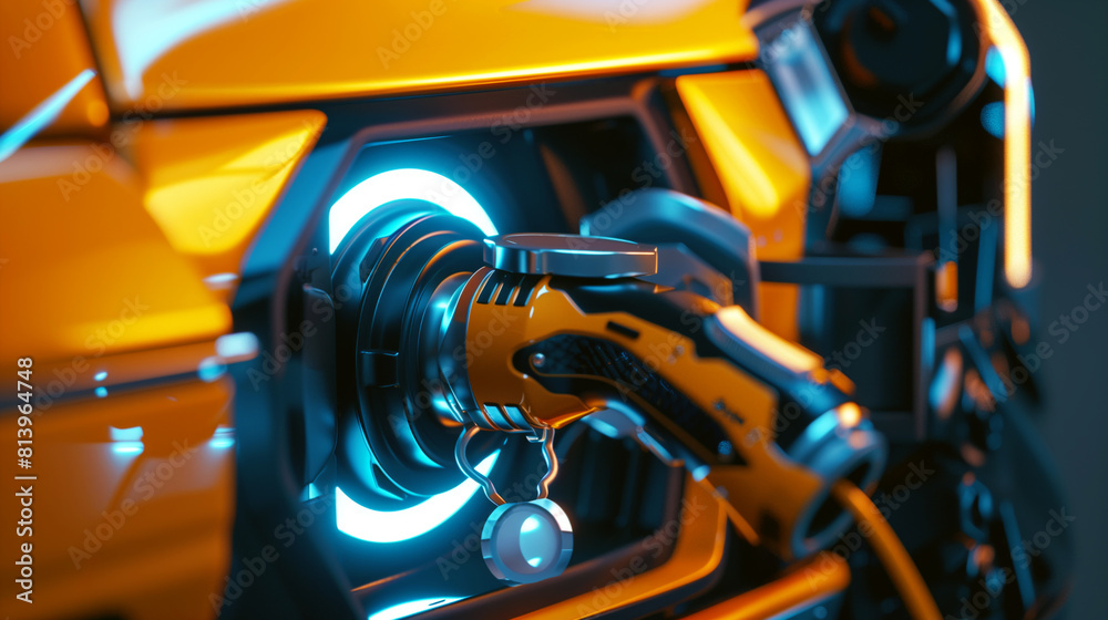 Fototapeta premium Futuristic robotic arm with glowing blue light elements, featuring metallic and yellow details.