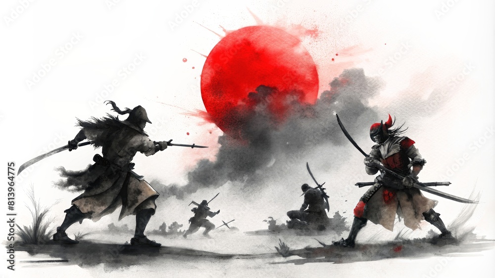 Obraz premium Watercolor illustration of Samurai battles Traditional Japanese ink wash painting