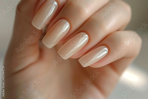 A close-up of the light-skinned hand  showcasing a perfect manicure with a simple beige colored nail polish on long square-shaped nails