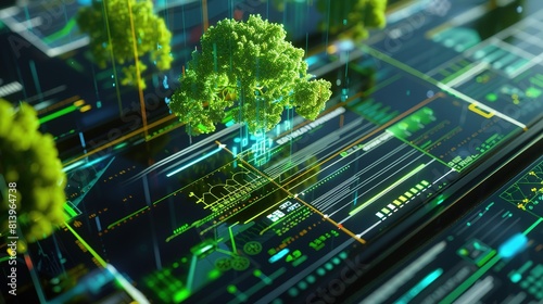 The holographic green virtual interface combines complex financial data with a rousing tree-shaped green energy pattern. Shows the integration of business and environment. photo