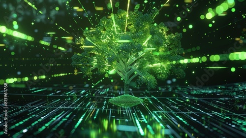 The holographic green virtual interface combines complex financial data with a rousing tree-shaped green energy pattern. Shows the integration of business and environment. photo