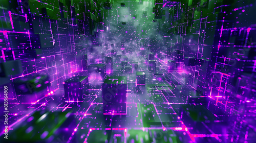 abstract geometric background with glowing black-pink cubes; a digitally generated landscape of floating cubic structures creating a sense of vastness 