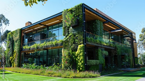 Contemporary green building with renewable energy systems and modern design. photo