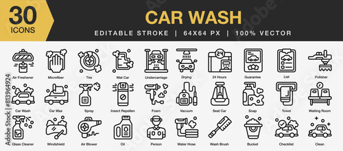 Set of 30 Car wash icon set. Editable Stroke Icon Collection. Includes tire, drying, soap, oil, car wax, microfiber and More. Outline icons vector collection.