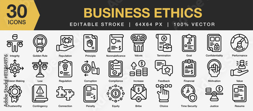 Set of 30 Busines Ethics icon set. Editable Stroke Icon Collection. Includes integrity, corruption, choice, justice, principle and More. Outline icons vector collection.
