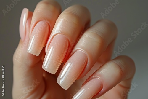 A closeup of the perfect manicure  featuring light beige nail polish on long square nails