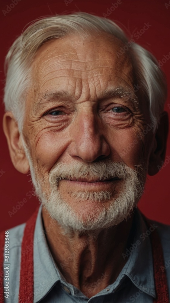 Gray-haired elderly man in stylish club clothes on a red background. Gray-haired elderly man in stylish club clothes on a red background.