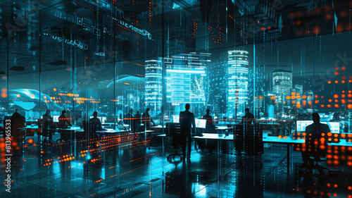 Blurred background business technology modern office people working computer desks, algorithms neon lights data overlay