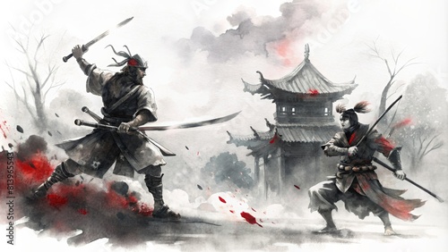 Watercolor illustration of Samurai battles Traditional Japanese ink wash painting 