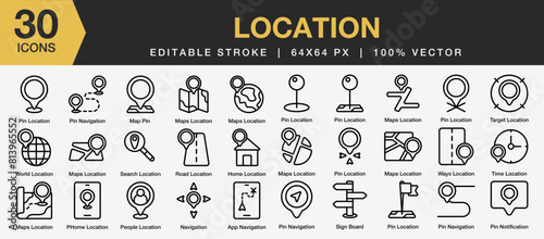 Set of 30 Location icon set. Editable Stroke Icon Collection. Includes pin, navigation, sign board, app navigation,  maps location and More. Outline icons vector collection.