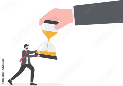 Fight for time. Big hand pulling hourglass, tug of war with small businessman

