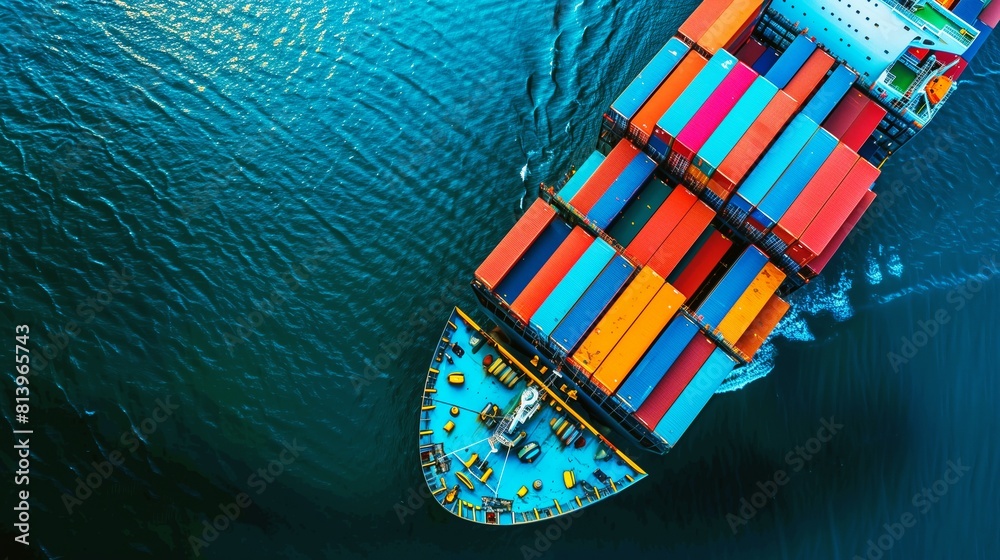 Aerial view of a colorful cargo ship fully loaded with containers on a vibrant blue ocean. Aerial view of a colorful cargo ship fully loaded with containers on a vibrant blue ocean.