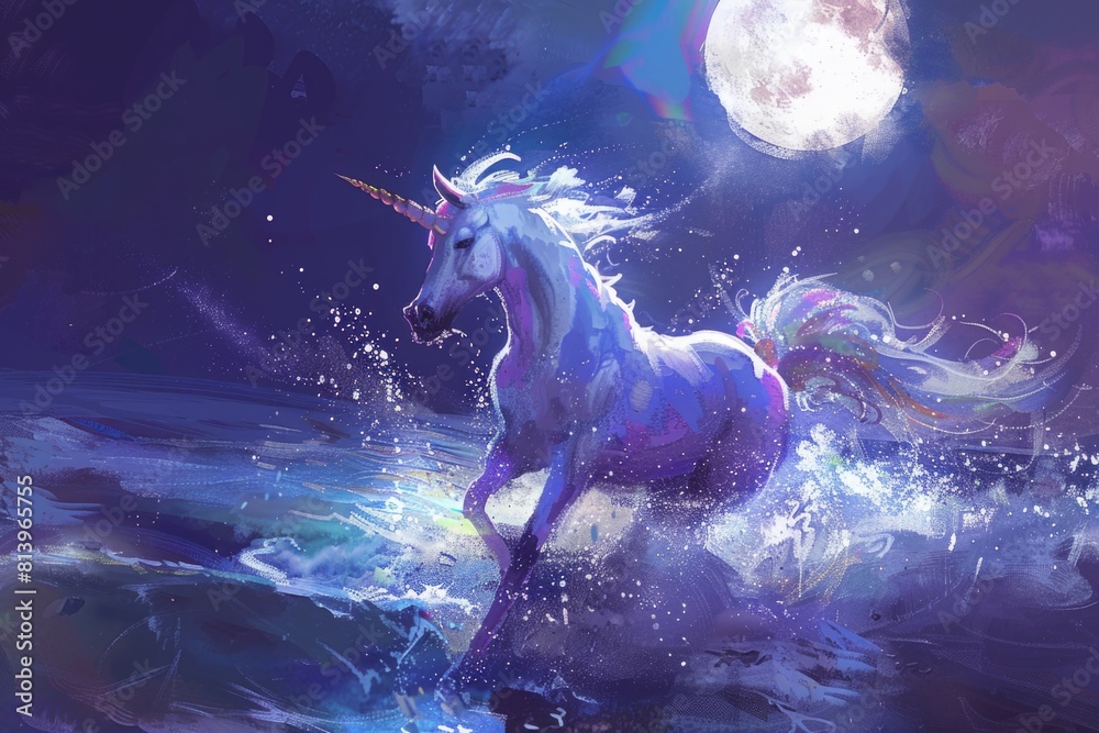 Majestic unicorn running through the water, suitable for fantasy themes Majestic unicorn running through the water, suitable for fantasy themes