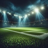 A close-up photo of a soccer stadium with artificial turf, showcasing the vibrant green color of the field under the stadium lights, dramatic lighting, sporting ambiance.