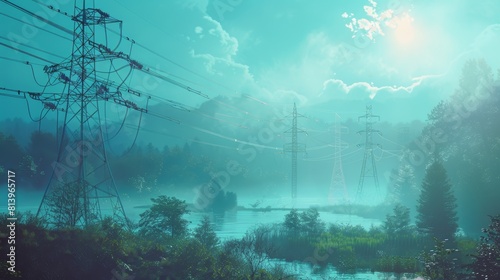 3D rendering of energy transmission lines with digital visualization of electricity. Blue sky and clean unpolluted air for the future. Concept of renewable green clean energy. photo