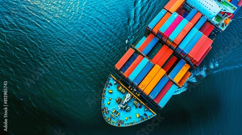 Aerial view of a colorful cargo ship fully loaded with containers on a vibrant blue ocean. © Natalia