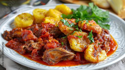 Delicious kenyan meal featuring a tantalizing meat and potato stew, topped with fresh parsley on an elegant platter