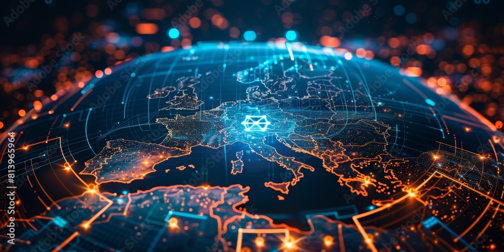 A digital globe with blue and orange lights, highlighting the European Union in dark background
