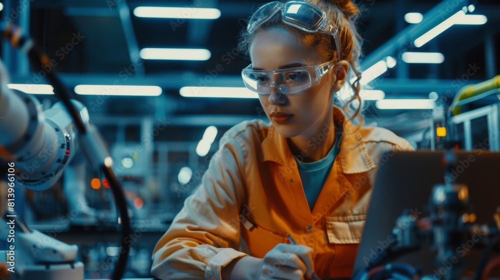A beautiful, happy engineer using a laptop computer in a factory facility with automated robotic arms manufacturing modern electronic components for a wide range of industries A beautiful, happy engineer using a laptop computer in a factory facility with automated robotic arms manufacturing modern electronic components for a wide range of industries