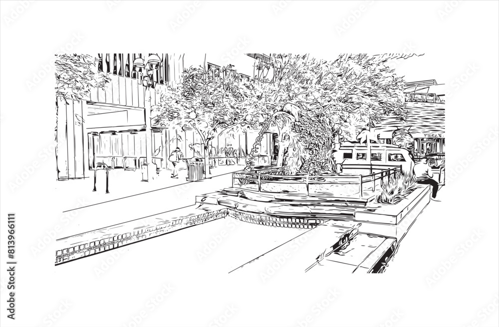 Obraz premium Print Building view with landmark of Santa Monica is the city in Los Angeles County. Hand drawn sketch illustration in vector.