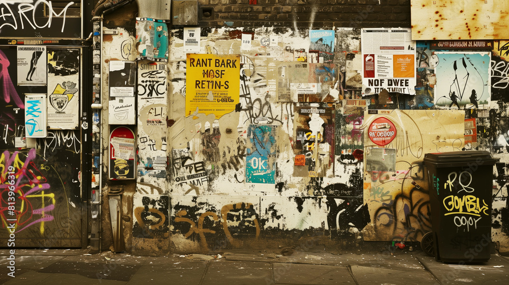 Fototapeta premium An urban wall covered with layers of diverse posters, graffiti, and stickers in a gritty setting.