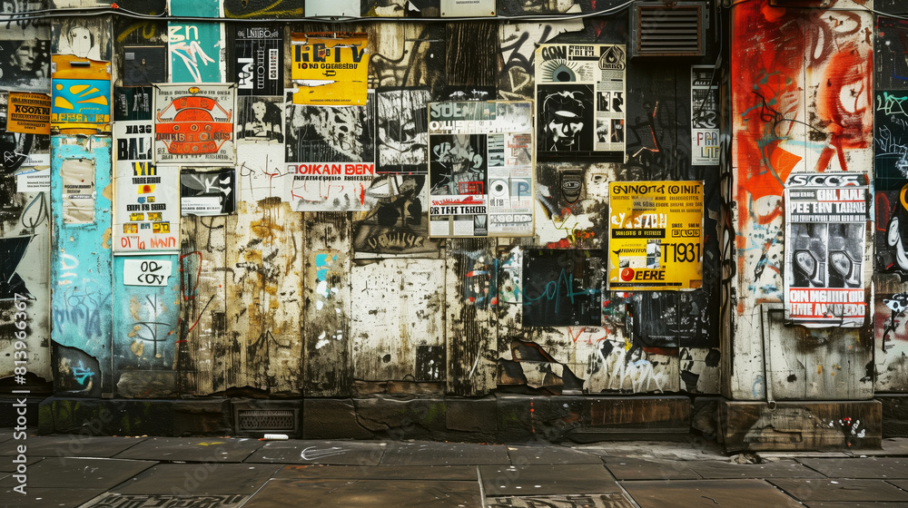 Urban wall covered with a colorful array of posters, graffiti, and stickers, showcasing various designs and messages. Urban wall covered with a colorful array of posters, graffiti, and stickers, showcasing various designs and messages.